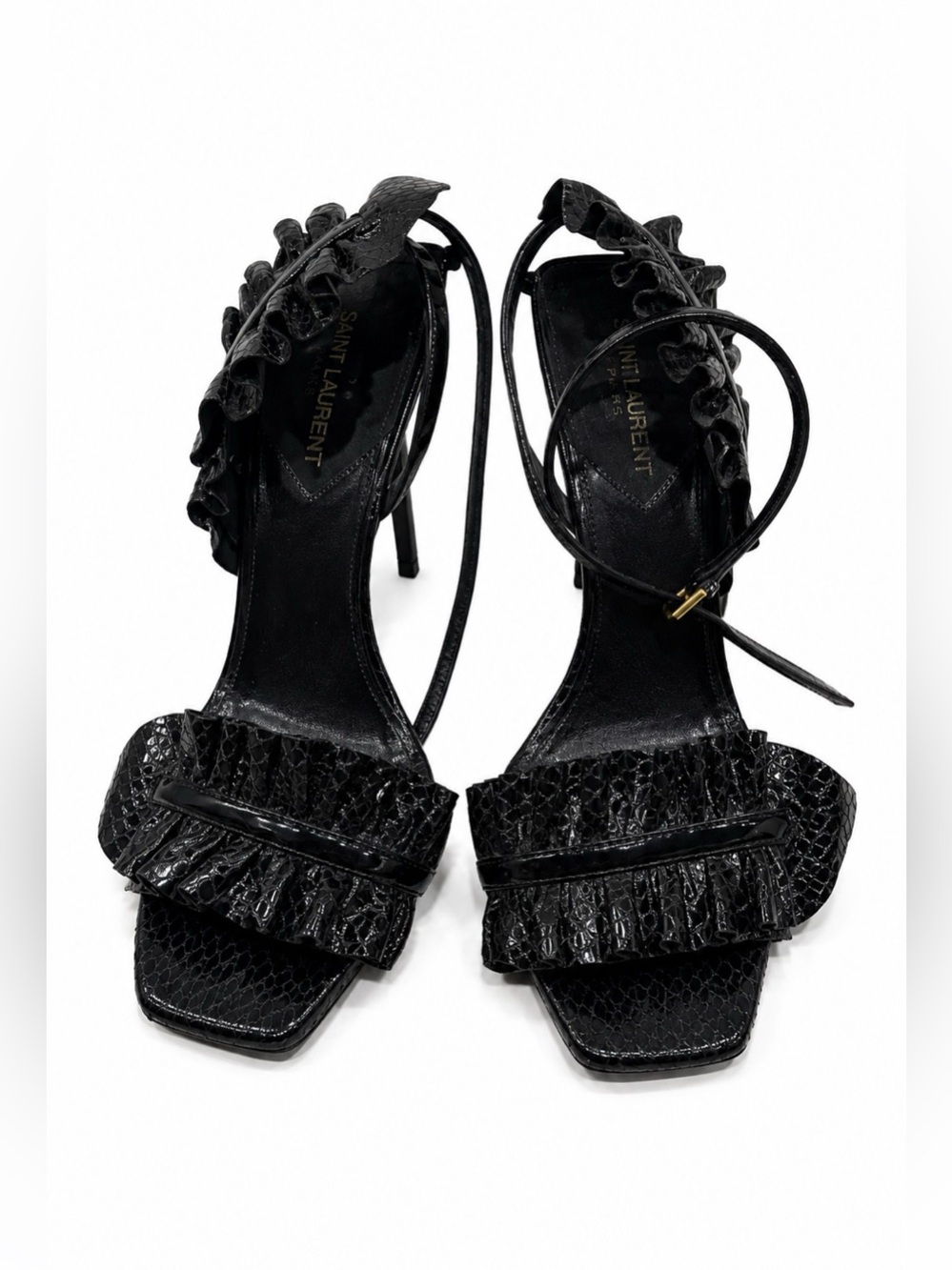 Saint Laurent Black Ruffled Leather High-Heel Sandals